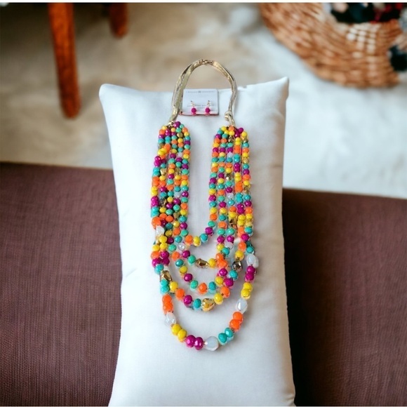 Colorful Bright Multi Color 5 Strand Necklace with matching earrings Gold Purple - Picture 1 of 12